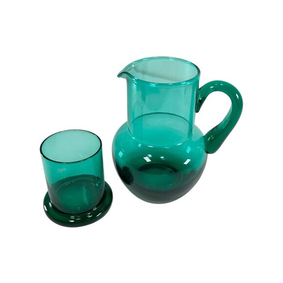 RARE Teal Glass Hand Blown Vintage Tumble Up Guest Pitcher and Cup Matching Set - Picture 3 of 15